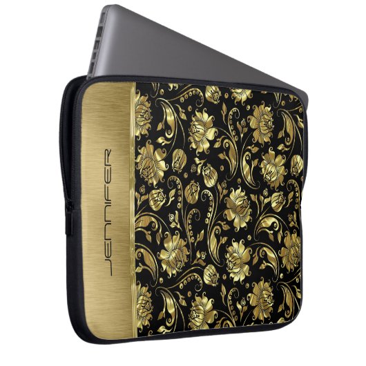 Muster für schwarze und goldene Damasken mit Monog Laptopschutzhülle (Vorne Rechts)