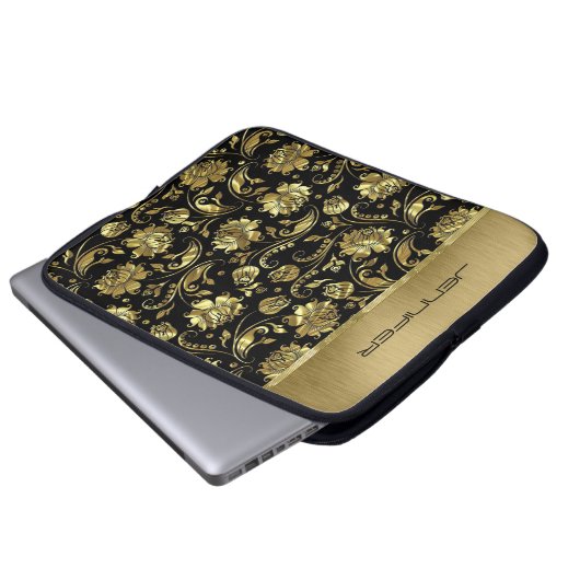 Muster für schwarze und goldene Damasken mit Monog Laptopschutzhülle (Vorne Knopf)