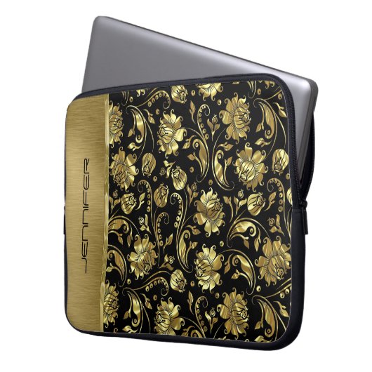 Muster für schwarze und goldene Damasken mit Monog Laptopschutzhülle (Vorderseite Links)