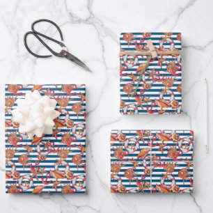Muster für Seesterne und Streifen Geschenkpapier Set