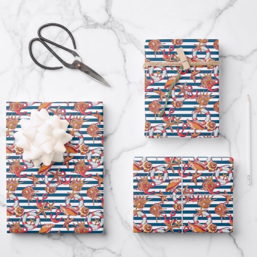 Muster für Seesterne und Streifen Geschenkpapier Set (Vorderseite)