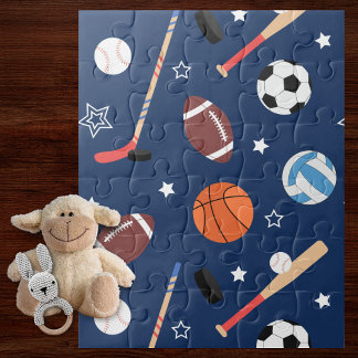 Muster für Sportgeräte für Kinder auf blau Oversib Puzzle