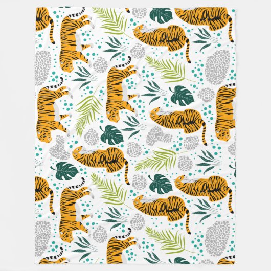 Muster für Tiger und tropische Blätter Fleecedecke (Vorderseite)