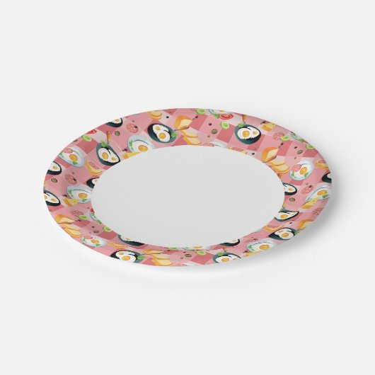 Muster für Tomaten und frittierte Eier Pappteller (Schrägansicht)