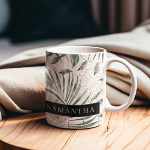 Muster für tropische Wasserfarben und Blätter und Zweifarbige Tasse