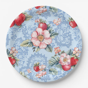 Muster für Vintage Erdbeeren und Blume Pappteller