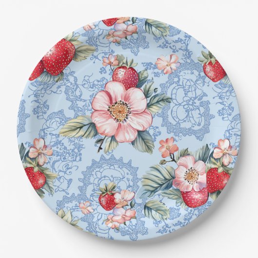 Muster für Vintage Erdbeeren und Blume Pappteller (Vorderseite)