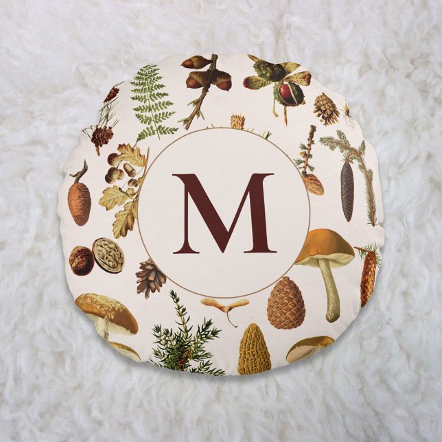 Muster für Vintage Pinienwälder in Monogramm Rundes Kissen (In situ)
