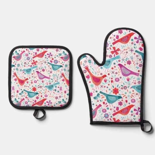 Muster für Vogel und Blume Ofenhandschuh & Topflappen-Set (Vorderseite)