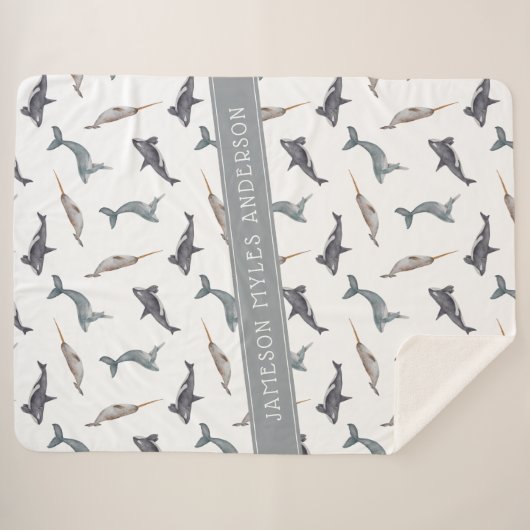 Muster für Whale der Wasserfarbe | Monogramm Sherpadecke (Vorderseite (Horizontal))