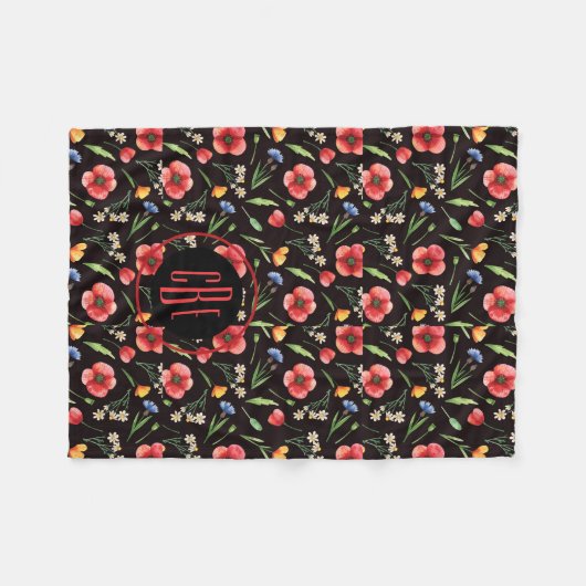 Muster für Wildblumen mit Monogramm-Aquarellfarbe Fleecedecke (Vorderseite (Horizontal))