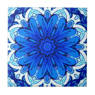 Muster geometrischer Blume in Cobalt Blue und Navy Fliese