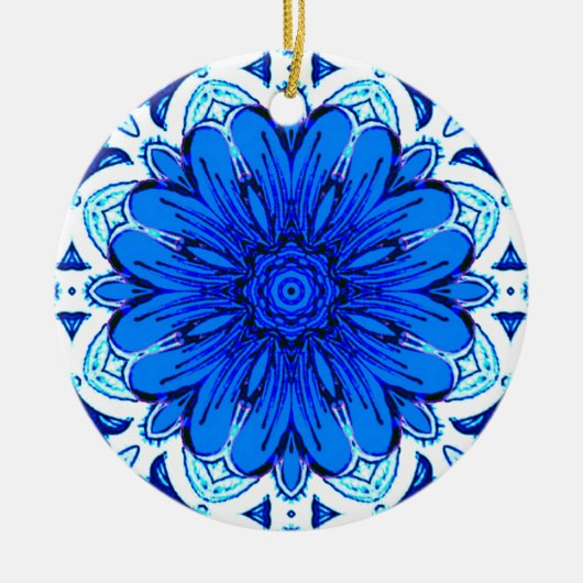 Muster geometrischer Blume in Cobalt Blue und Navy Keramik Ornament (Vorne)