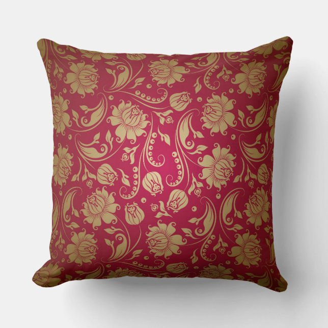 Muster Gold & Burgund Red Floral Damaskus Kissen (Vorderseite)