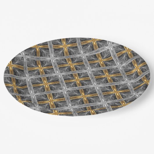 Muster Gold, Silber und Grau lackierte Diamanten Pappteller (Schrägansicht)