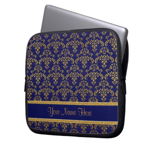Muster Gold und Blue Damask Laptopschutzhülle (Vorderseite Links)