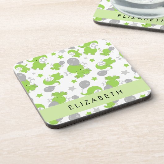 Muster grüner Elefanten, Sterne, Ihr Name Getränkeuntersetzer (Linke Seite)