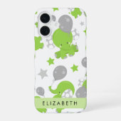 Muster grüner Elefanten, Sterne, Ihr Name iPhone 16 Hülle (Rückseite)