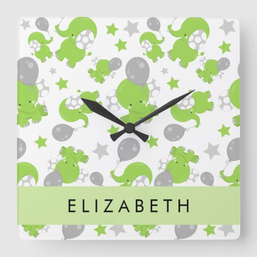 Muster grüner Elefanten, Sterne, Ihr Name Quadratische Wanduhr (Vorderseite)