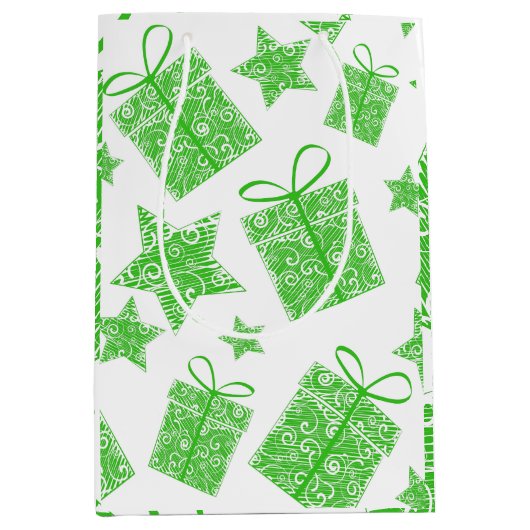 Muster grüner Geschenke und Sterne Mittlere Geschenktüte (Vorderseite)