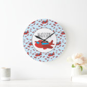 Muster-Individuelle Name für Red & Blue Airplane Große Wanduhr (Zuhause)