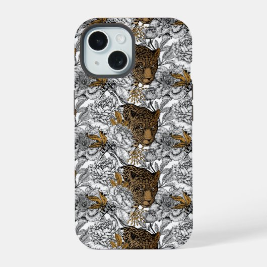 Muster Leopard & Peonies iPhone 15 Hülle (Rückseite)