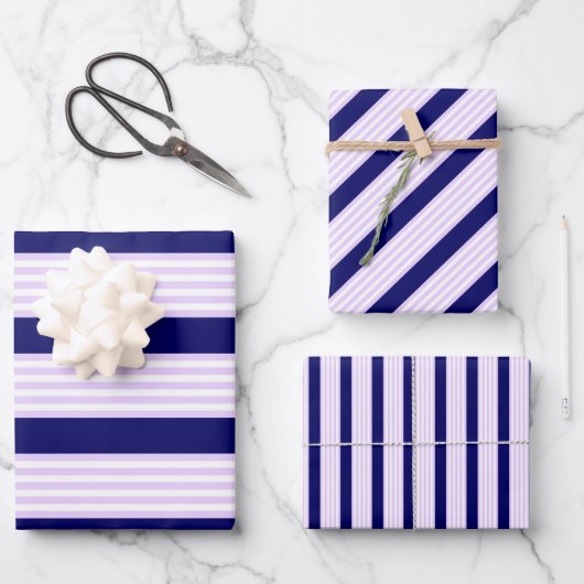 Muster Lilac und weiße Streifen mit marineblau Geschenkpapier Set (Vorderseite)