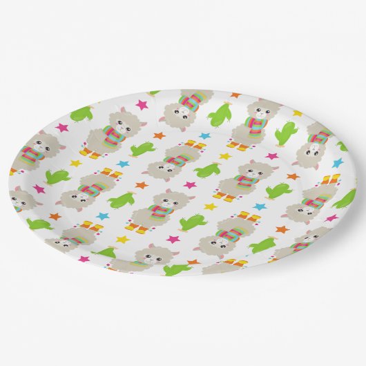 Muster Llamas, Niedlich Llamas, Alpacas, Kakteen Pappteller (Schrägansicht)