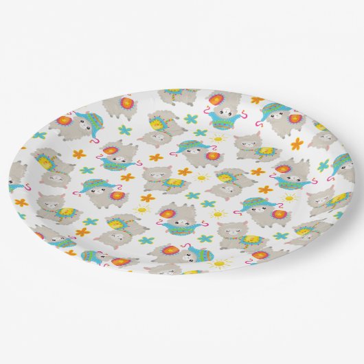 Muster Llamas, Niedliche Llamas, Alpacas, Blume Pappteller (Schrägansicht)