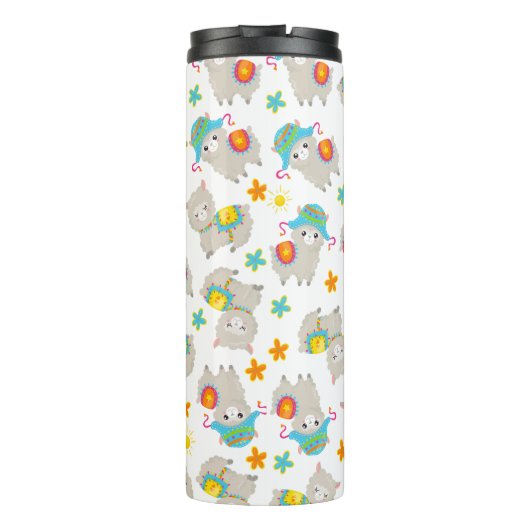 Muster Llamas, Niedliche Llamas, Alpacas, Blume Thermosbecher (Rückseite)