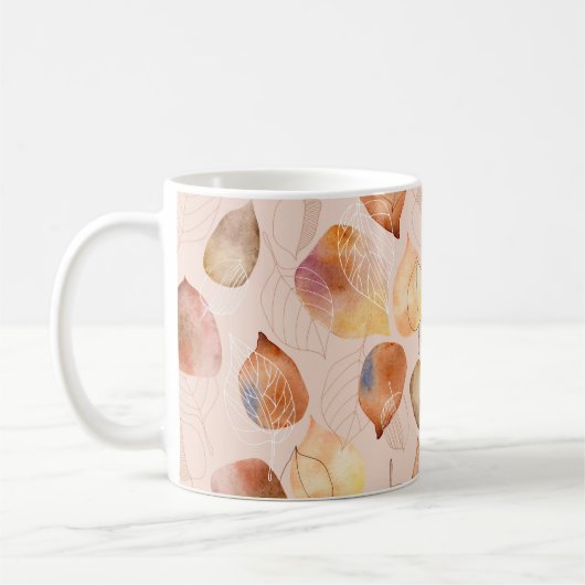Muster mit Blätter. Grafik- und Aquarellblatt. Kaffeetasse (Links)