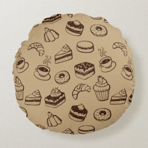 Muster mit Kuchen, Nachtischen und Bäckerei Rundes Kissen