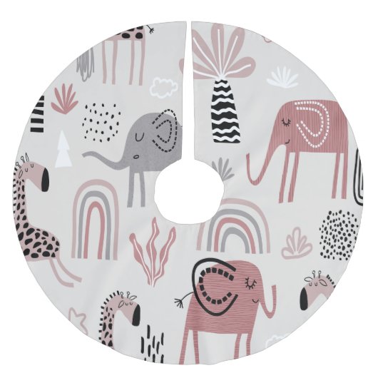 Muster mit niedlichen Elefanten und Giraffen Polyester Weihnachtsbaumdecke (Vorderseite)