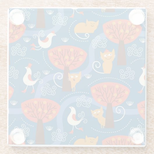 Muster mit niedlichen Katzen und Vögeln Glasuntersetzer (Rückseite)