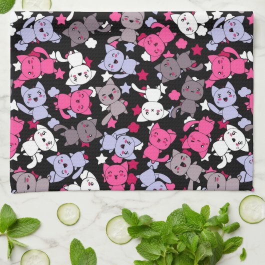 Muster mit niedlichen kawaii Gekritzelkatzen 3 Geschirrtuch (Gefaltet)