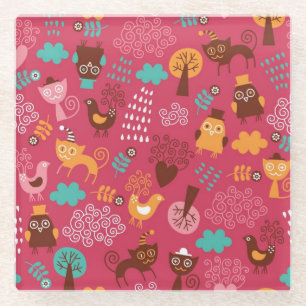 Muster mit niedlichen Vögeln und Katzen Glasuntersetzer