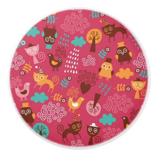 Muster mit niedlichen Vögeln und Katzen Keramikknauf (Vorderseite)