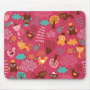 Muster mit niedlichen Vögeln und Katzen Mousepad