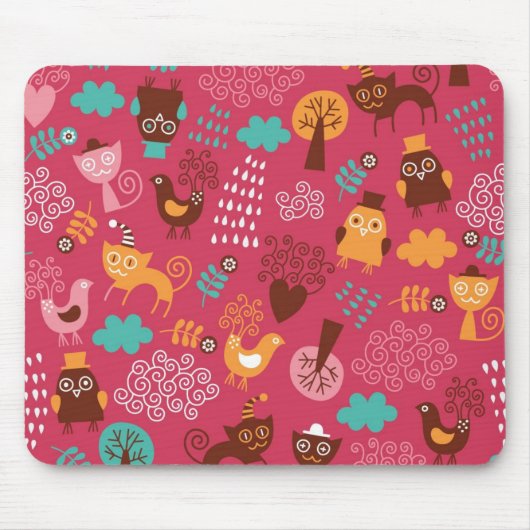 Muster mit niedlichen Vögeln und Katzen Mousepad (Vorne)