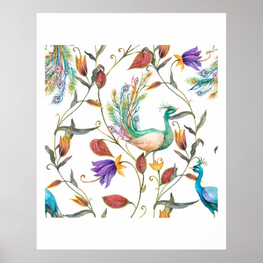 Muster mit Pfau und Blumen l Poster (Vorne)