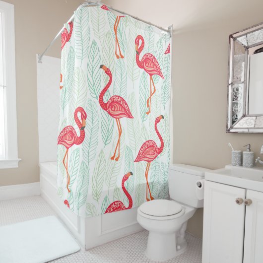 Muster mit rosa Flamingo-Ornamenten im Hintergrund Duschvorhang (Beispiel)