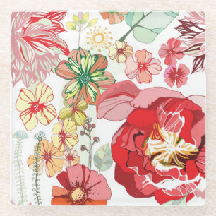 Muster mit roten Blumen Glasuntersetzer