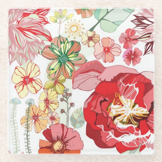 Muster mit roten Blumen Glasuntersetzer (Vorderseite)