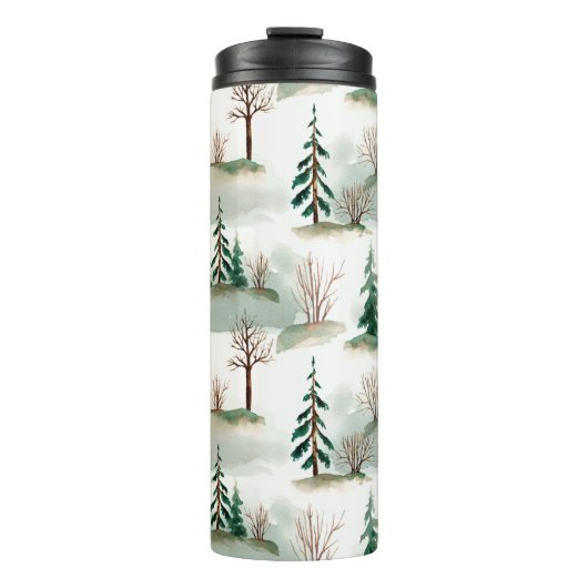 Muster mit Weihnachtsbäumen, Bäumen und Büschen. B Thermosbecher (Vorderseite)
