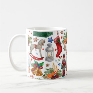 Muster mit Weihnachtsschmuck, Spielzeug und Kaffeetasse