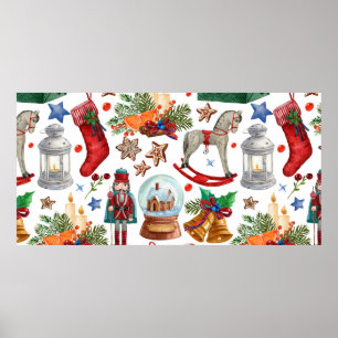 Muster mit Weihnachtsschmuck, Spielzeug und Poster