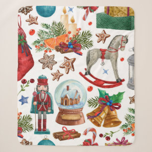 Muster mit Weihnachtsschmuck, Spielzeug und Sherpadecke