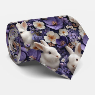 Muster mit weißen Kaninchen und violetten Blumen Krawatte