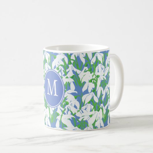 Muster-Monogramm für Snowdrop auf blauem Hintergru Kaffeetasse (VorderseiteRechts)