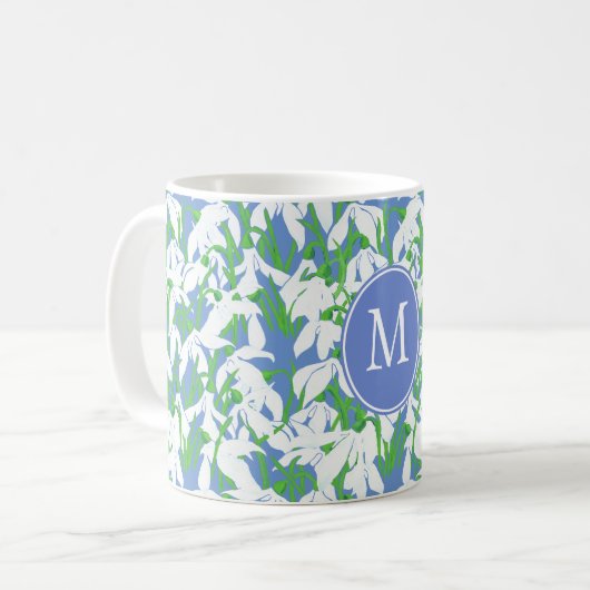 Muster-Monogramm für Snowdrop auf blauem Hintergru Kaffeetasse (Vorderseite Links)
